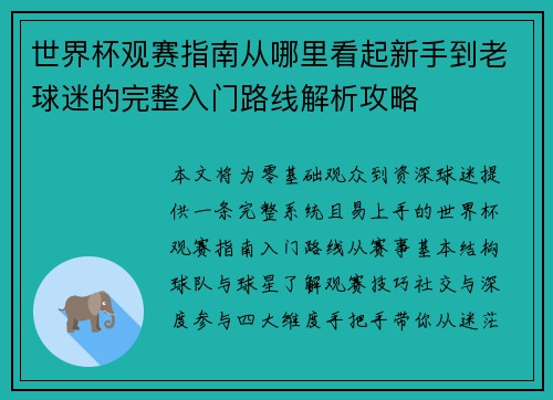 世界杯观赛指南从哪里看起新手到老球迷的完整入门路线解析攻略 世界杯观赛指南从哪里看起新手到老球迷的完整入门路线解析攻略